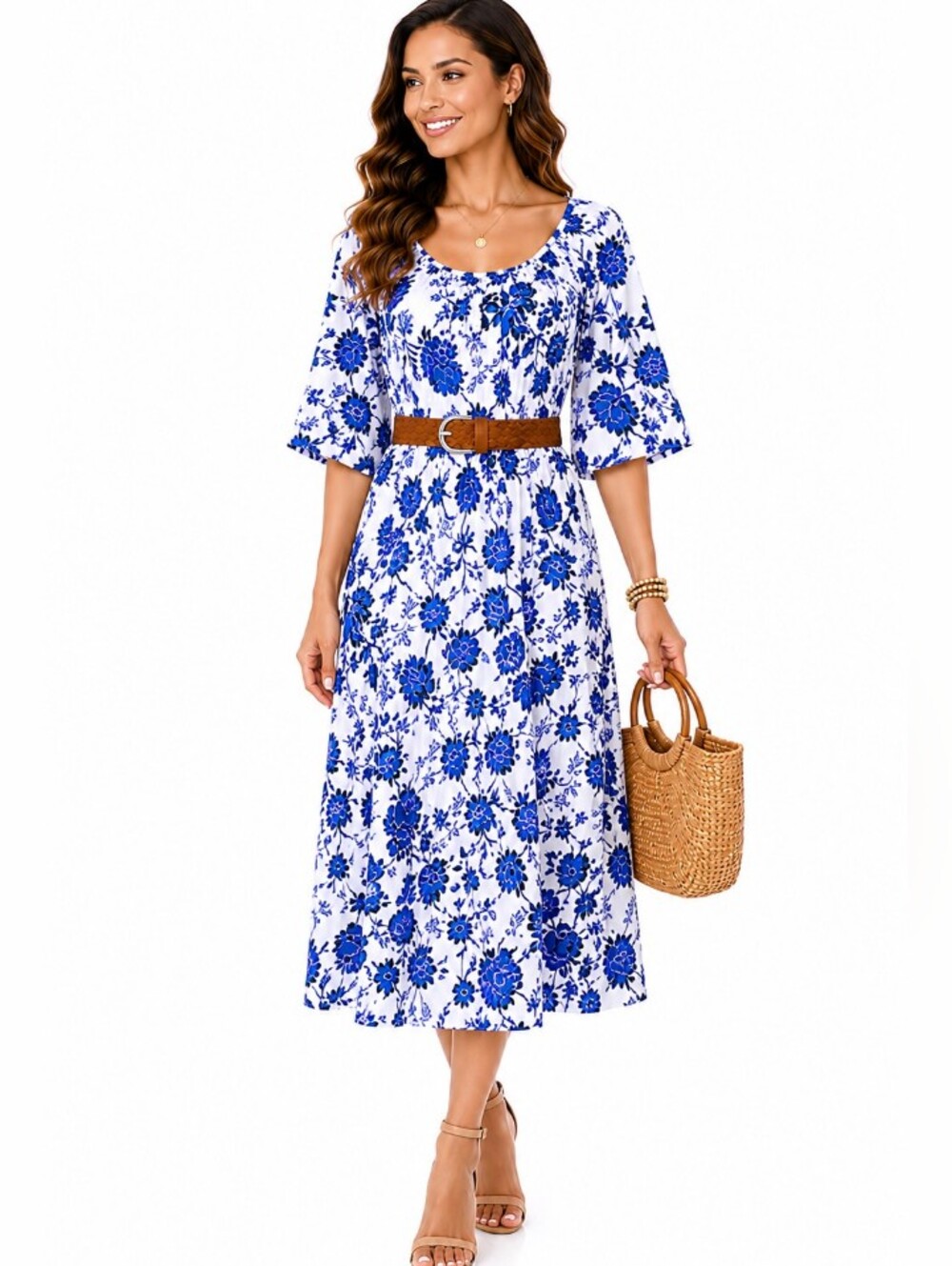 HARLOW & ROSE White and Blue Floral Scoop Neck Midi Dress SIZE Medium NWT